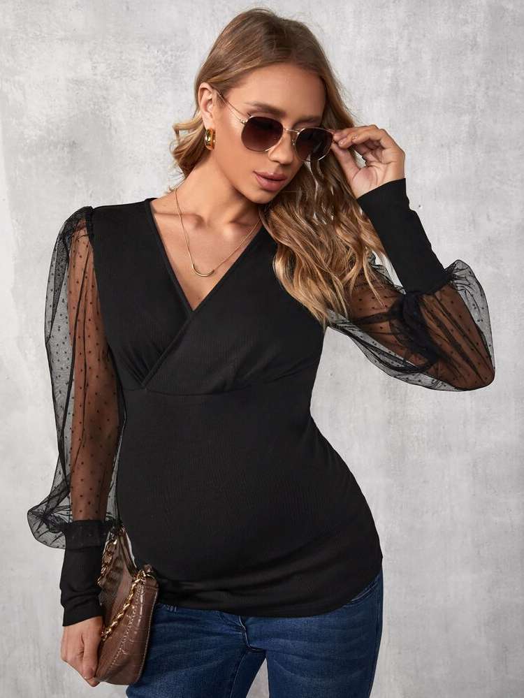 Contrast Mesh Elegant Black Long Sleeve Maternity Tops 2225