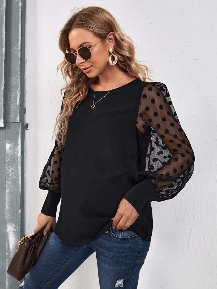 Round Neck Elegant Contrast Mesh Black Baby  Mom 6778