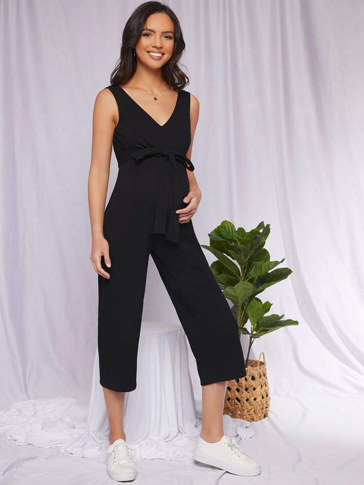 Belted Plain Regular Fit Maternity Jumpsuits 9066