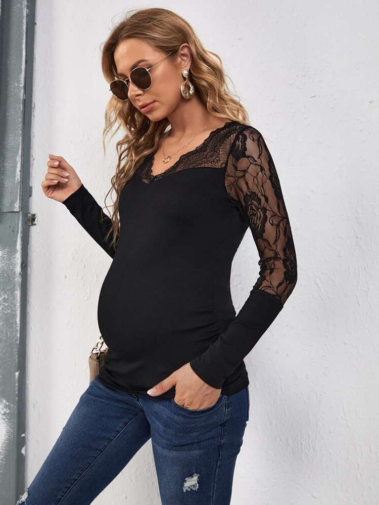 Elegant Slim Fit V neck Black Maternity Tops 2211