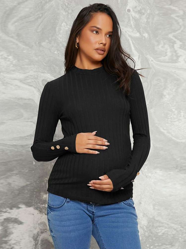 Long Sleeve Black Plain Regular Maternity Tops 7620