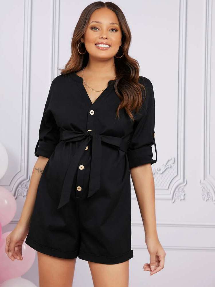 Black Plain Long Sleeve Notched Maternity Jumpsuits 2725