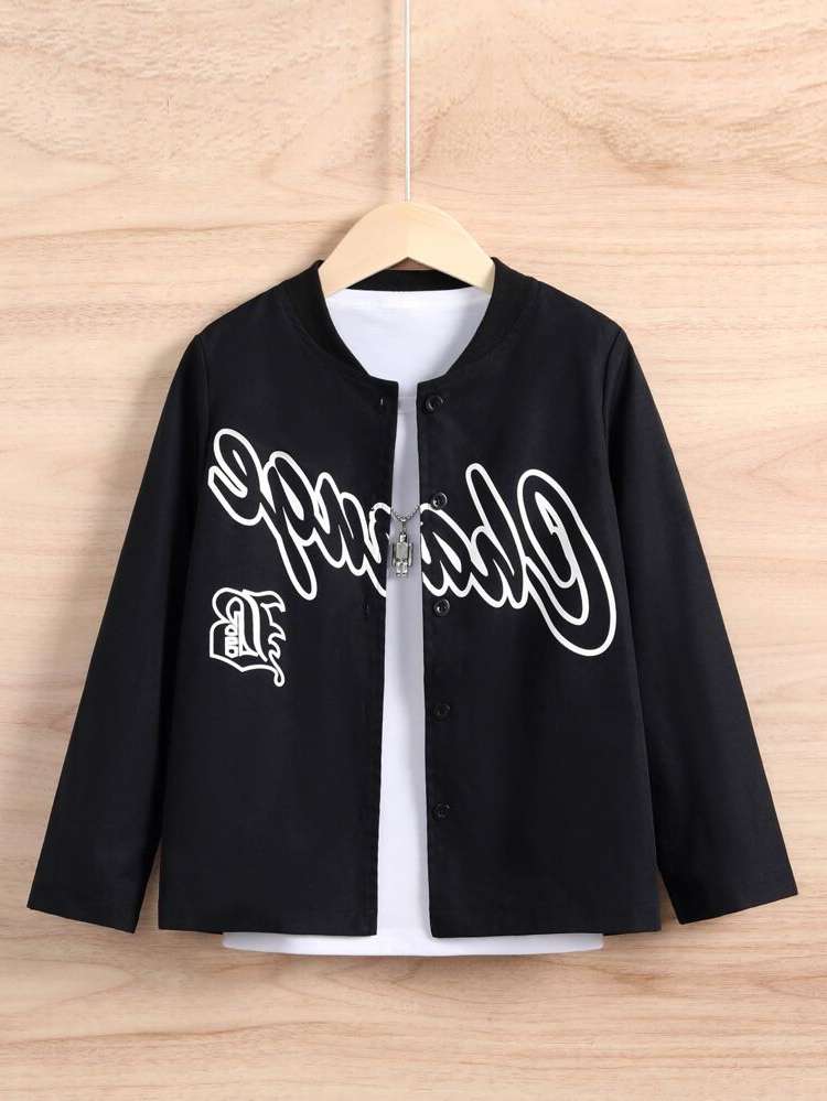 Casual Black Baseball Collar Regular Fit Kids Clothing 6134