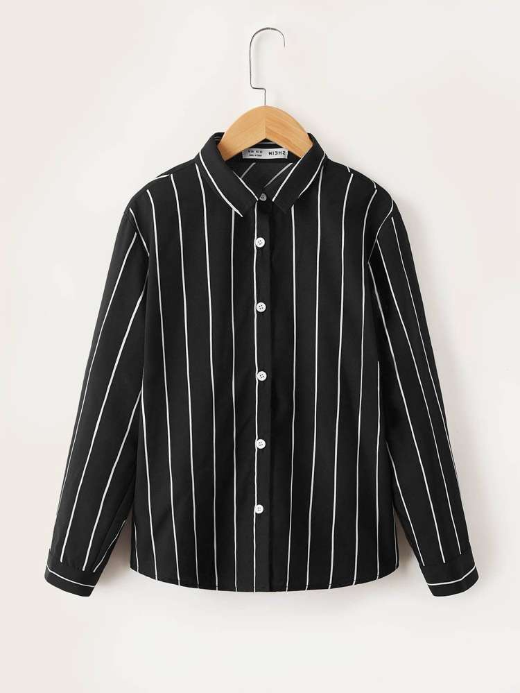 Striped Black Regular Fit Button Front Kids Clothing 6616