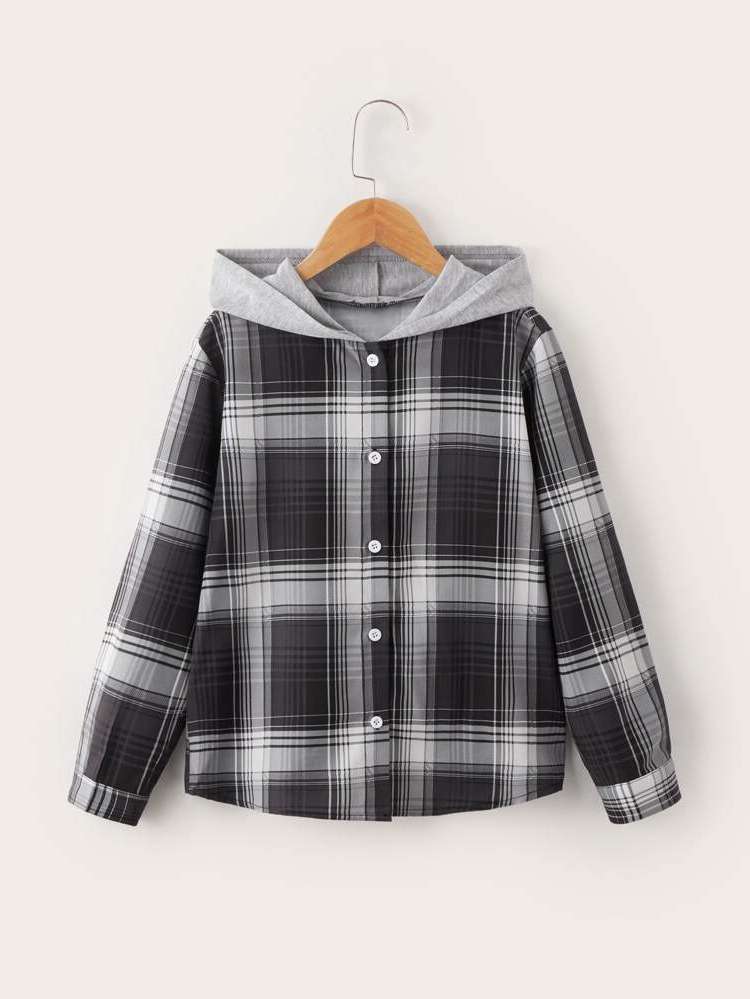 Regular Tartan Long Sleeve Hooded Kids Clothing 7603