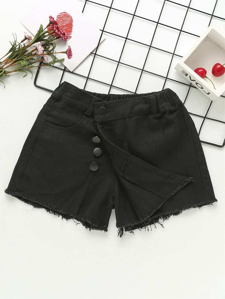 Black  Plain Girls Denim Shorts 9404