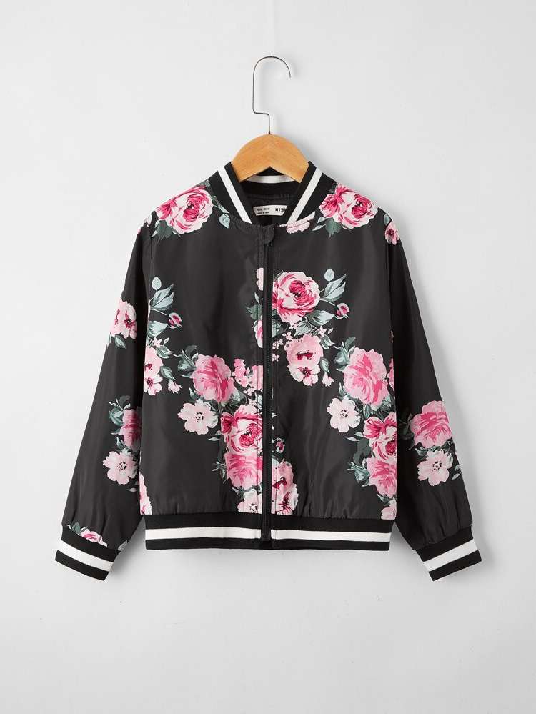 Black Regular Fit Floral Girls Jackets 6998