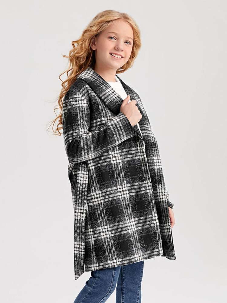 Black Shawl Collar Long Sleeve Preppy Girls Overcoats 3470