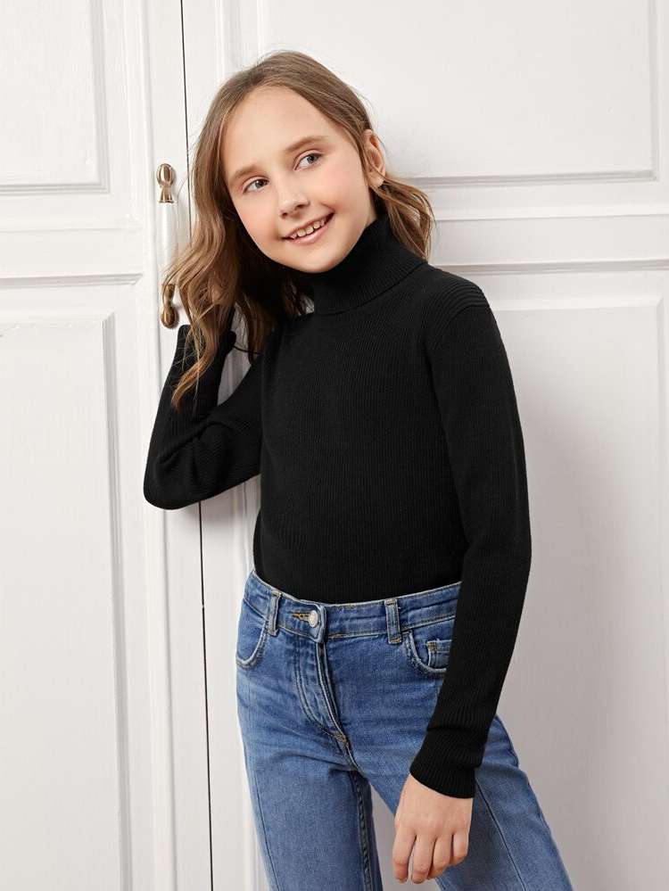 Casual High Neck Rib-Knit Long Sleeve Girls Clothing 1731