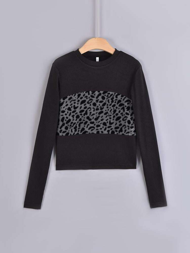 Black Slim Fit Long Sleeve Leopard Girls T-Shirts 664