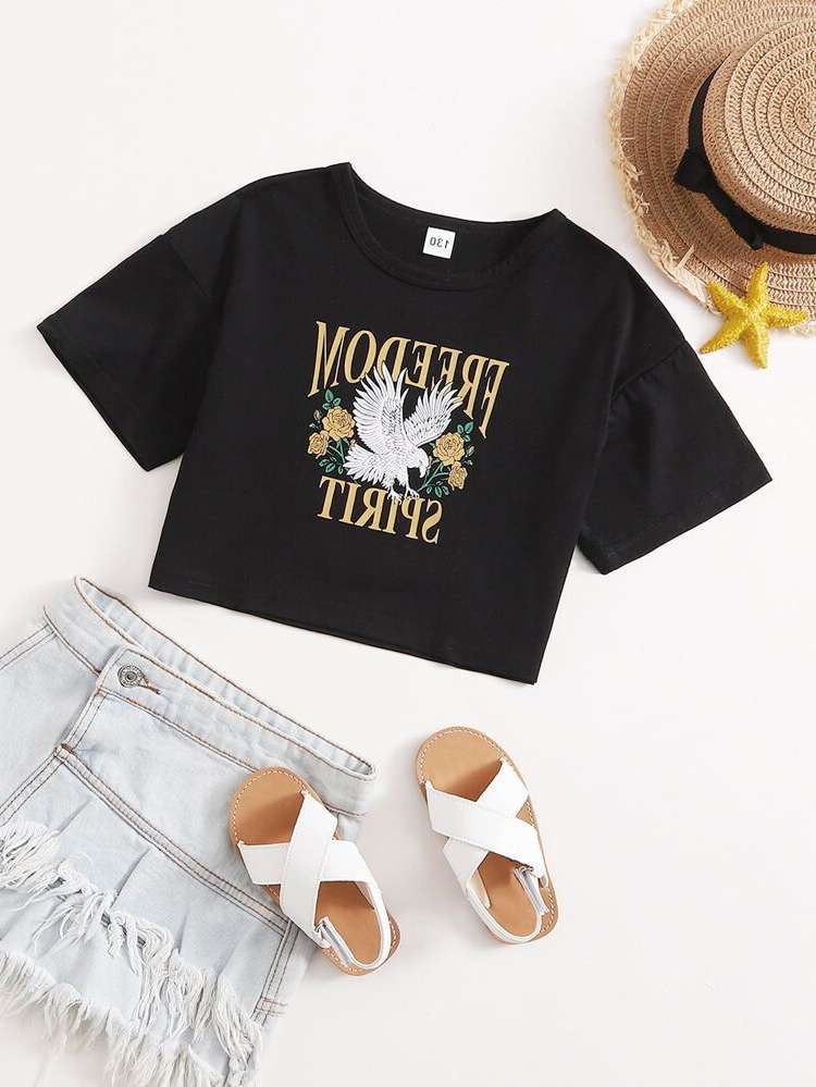 Short Sleeve Letter Crop Casual Kids Clothing 3228