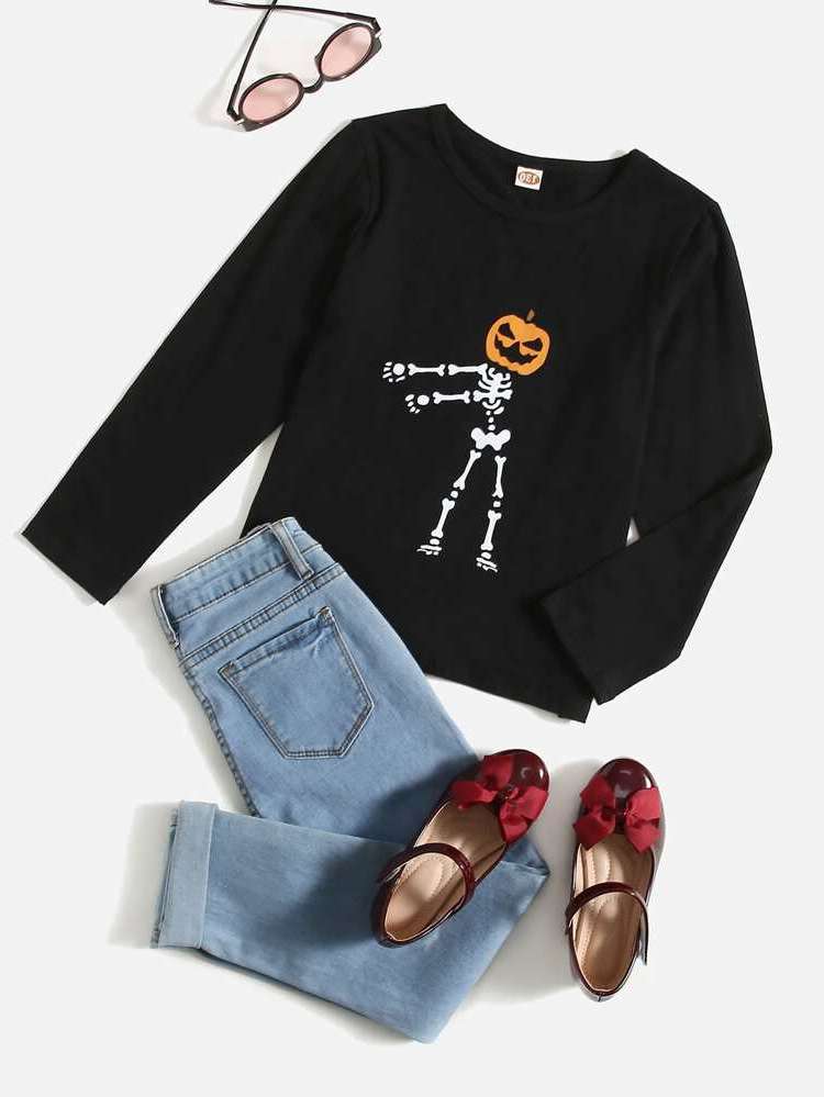  Halloween Round Neck Black Girls T-Shirts 9710