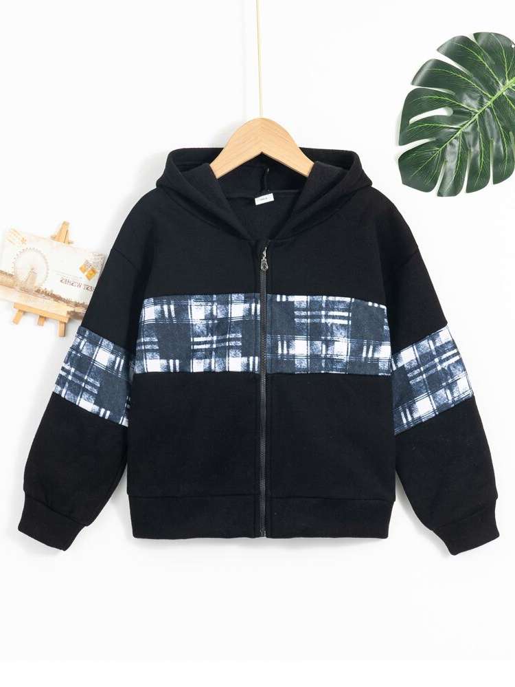 Zipper Hooded Regular Fit Plaid Kids Clothing 788