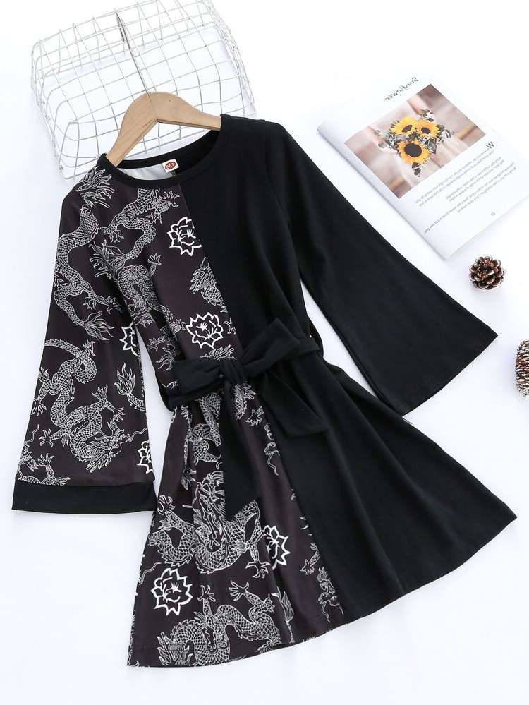 Long Sleeve Black Round Neck Girls Dresses 176