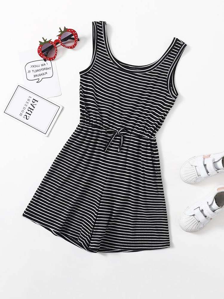 Sleeveless Striped Regular Fit Knot Girls Jumpsuits 829