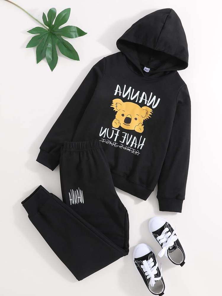 Long Sleeve Hooded Casual Cartoon Girls Two-piece Outfits 46