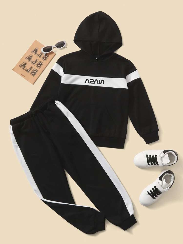 Black Regular Fit Long Sleeve Sporty Boys Two-piece Outfits 1888