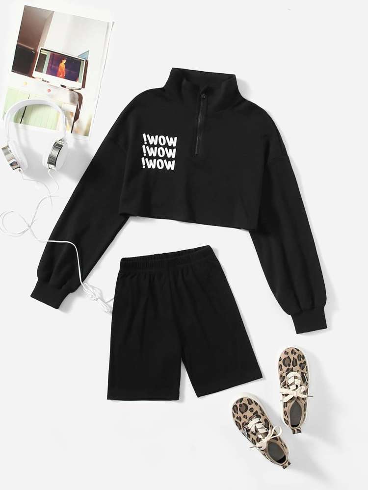 Casual Black Letter Girls Two-piece Outfits 2378