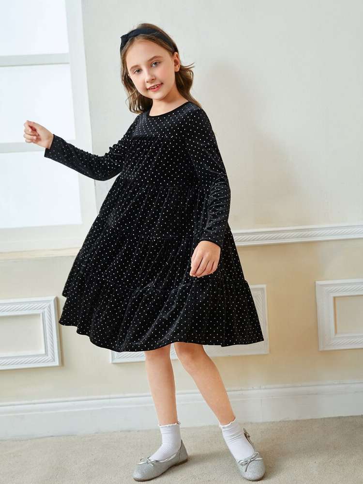 Slim Fit Long Sleeve Polka Dot Knee Length Kids Clothing 9397