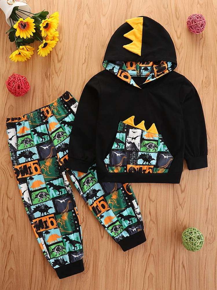 Patched Black Long Sleeve Toddler Boy Two-piece Outfits 8293