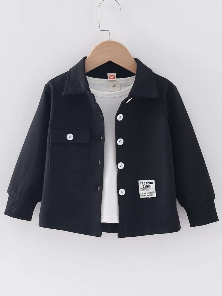 Collar Patched Casual Black Kids Clothing 8023