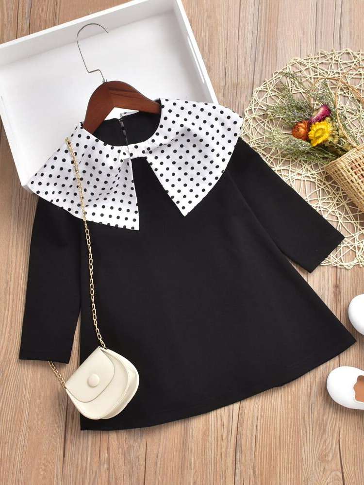 Contrast Collar Regular Fit Polka Dot Long Sleeve Toddler Girl Dresses 4378