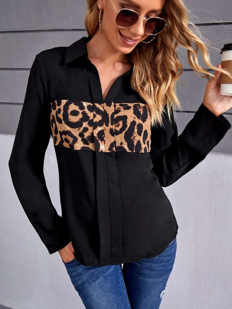 Regular Black Leopard Casual Maternity Blouses 746