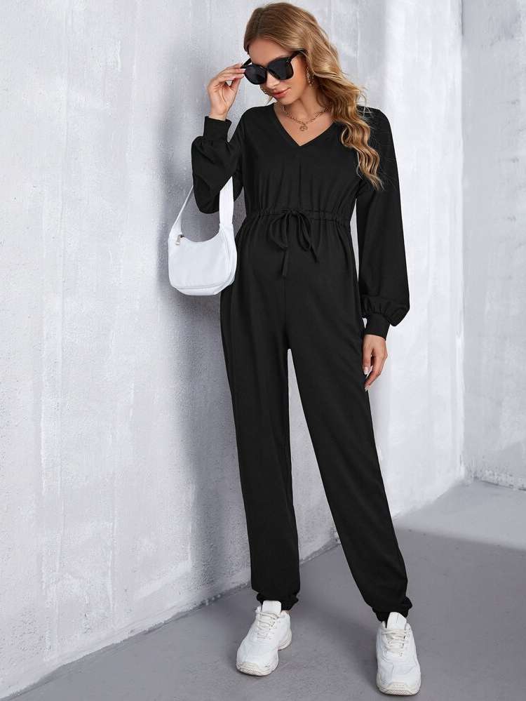 Long Plain Drawstring Casual Maternity Jumpsuits 5702