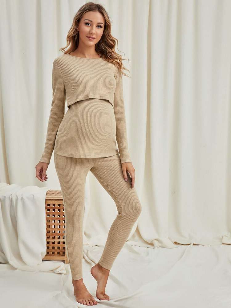 Plain Round Neck Long Sleeve Maternity Loungewear 6762