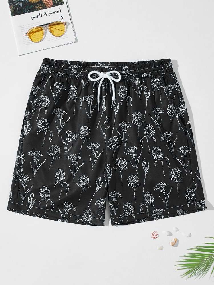  Black Drawstring Floral Men Beach Shorts 6967