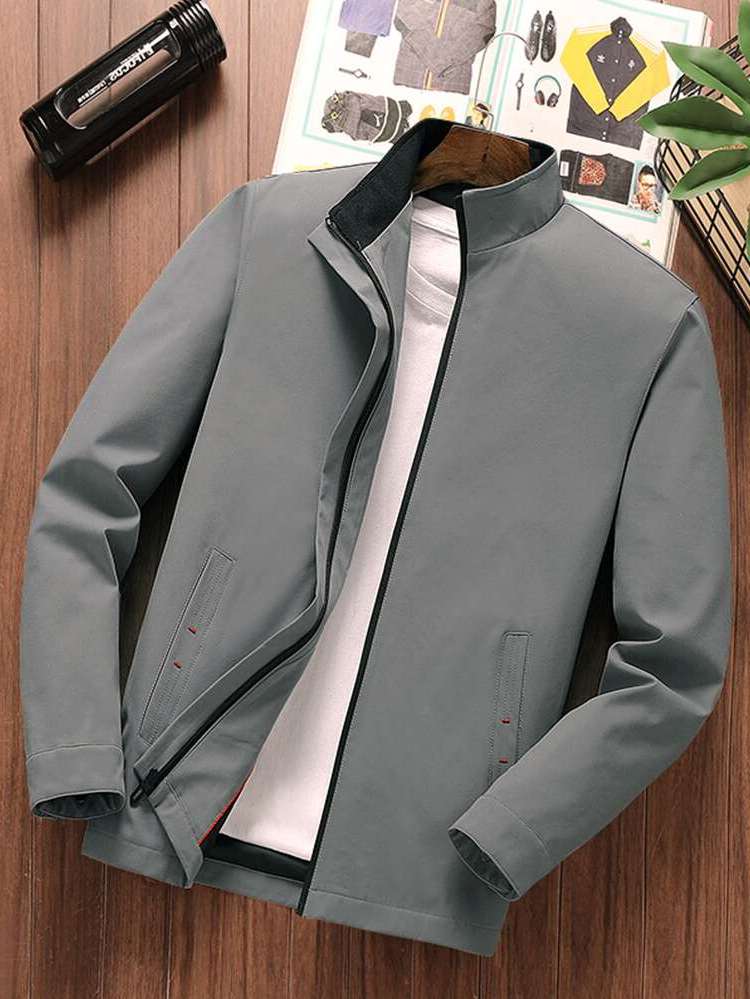 Regular Funnel Neck Plain Long Sleeve Men Outerwear 5552