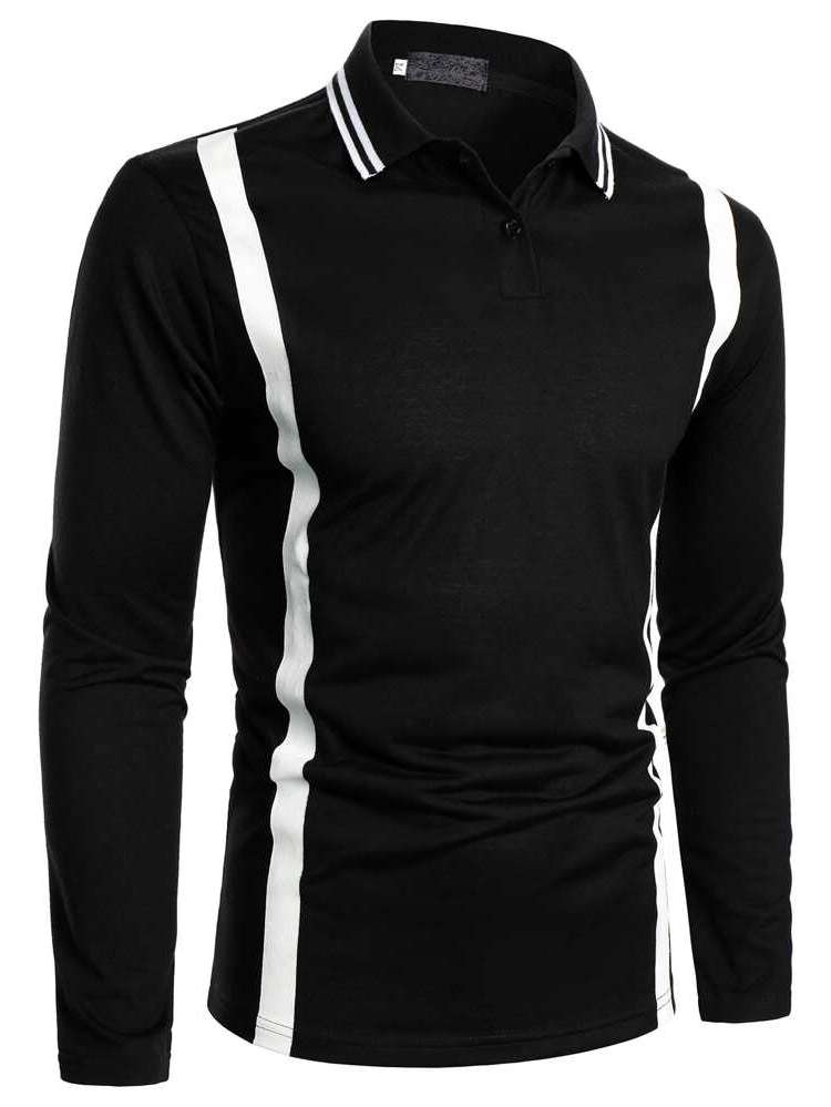 Long Sleeve Polo Regular Black Men Tops 3793