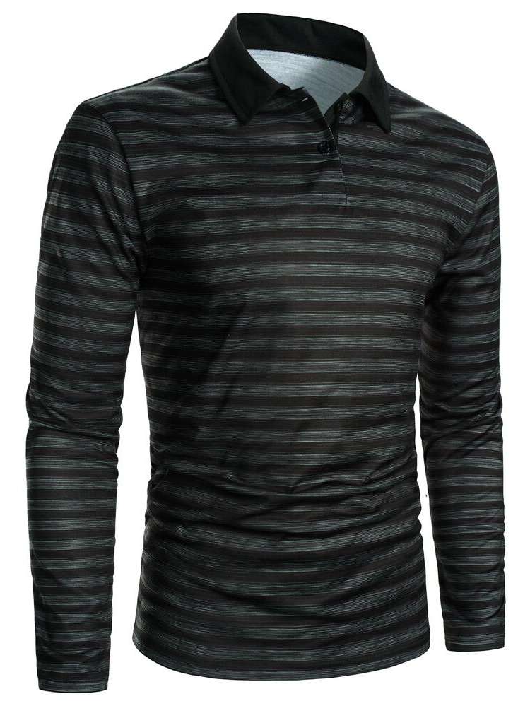 Long Sleeve Casual Black Striped Men Polo Shirts 349