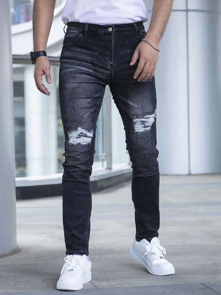 Long Black Ripped Men Jeans 190