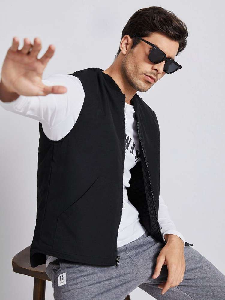 Regular Fit Sleeveless Plain Baseball Collar Men Outerwear 8356