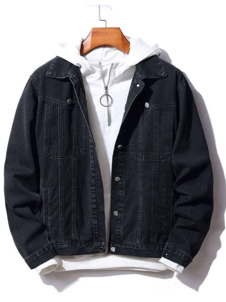 Plain Regular Fit Black Men Denim Jackets 4632