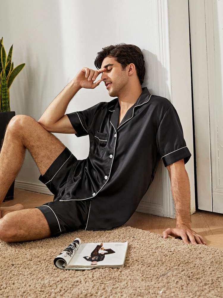 Lapel Short Sleeve Black Men Loungewear Sets 3794