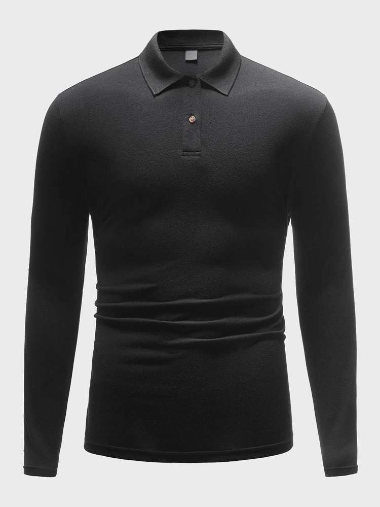 Button Front Black Regular Polo Men Clothing 5468