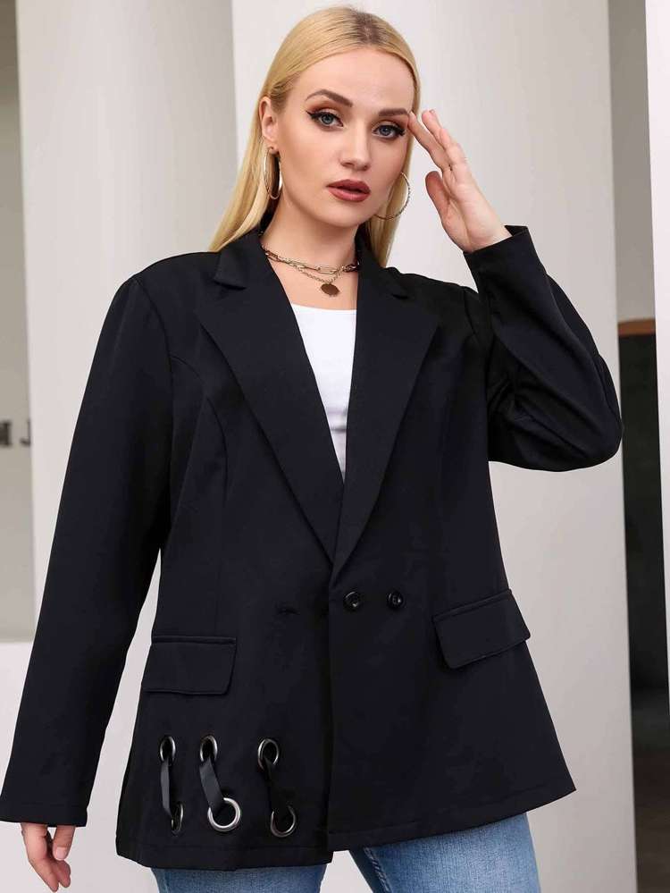 Regular Fit Black Fake Pockets Lapel Plus Size Blazers 2823