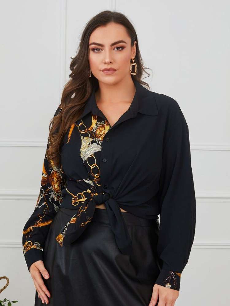  Regular Fit Button Front Long Plus Size Blouses 86