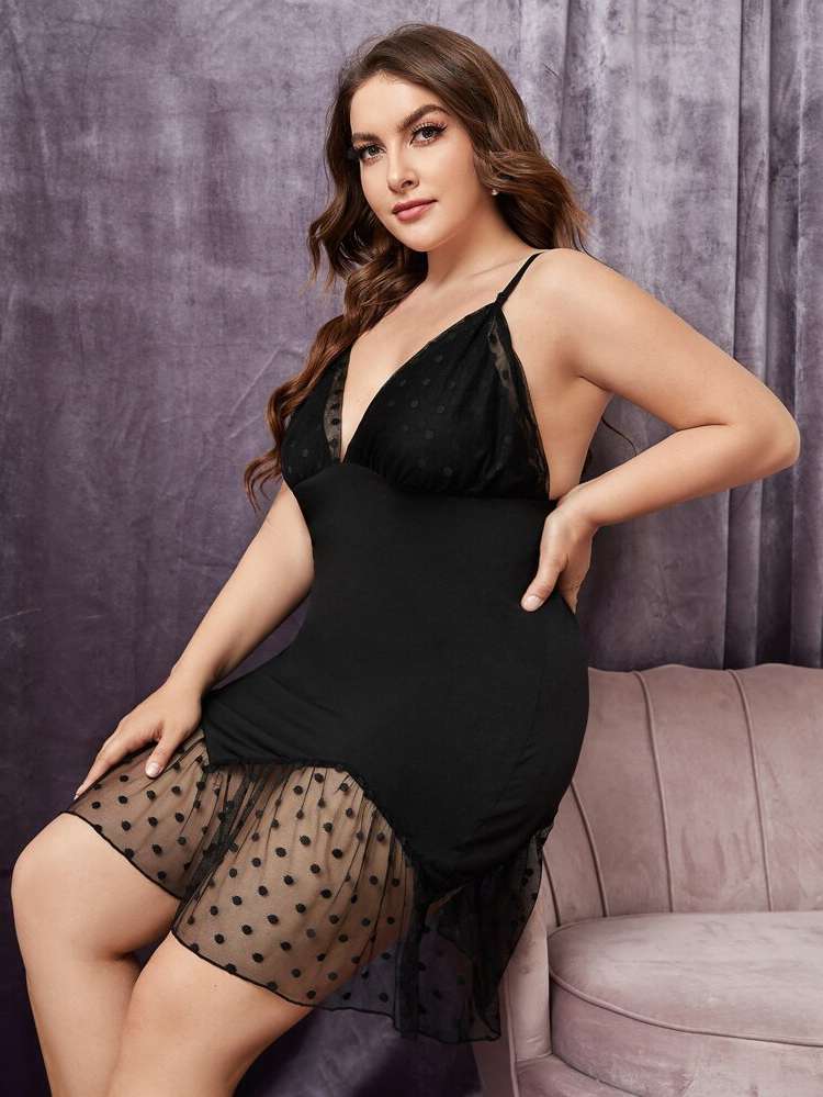 Black Spaghetti Strap  Plus Size Nightgowns  Sleepshirts 712