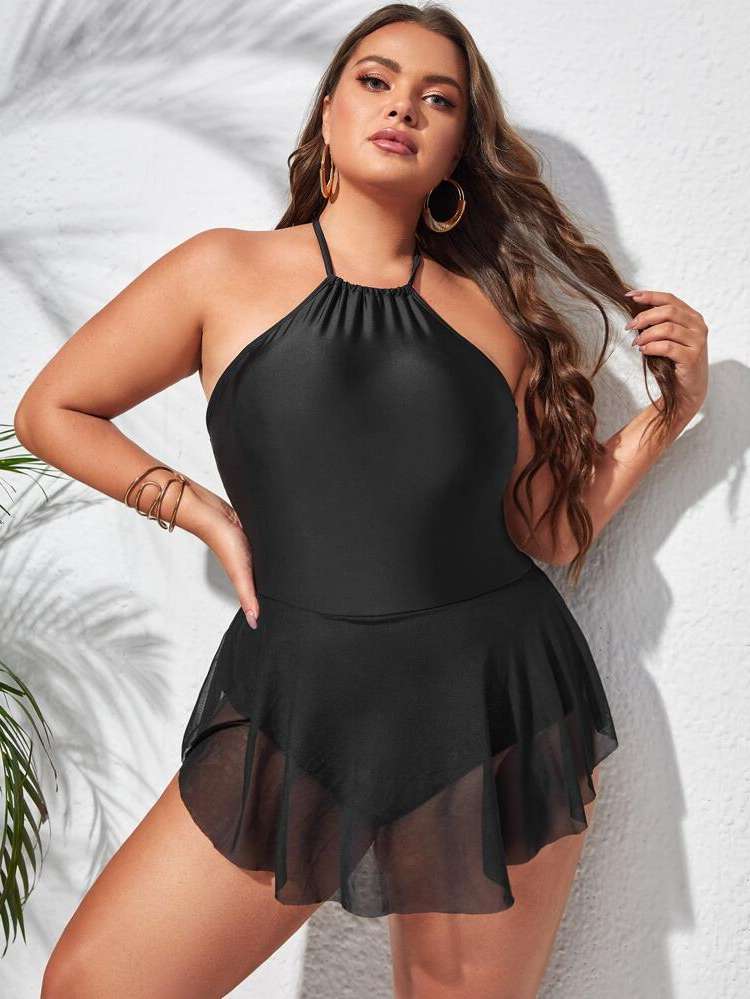 Black  Halter Plus Size One-Pieces 7804