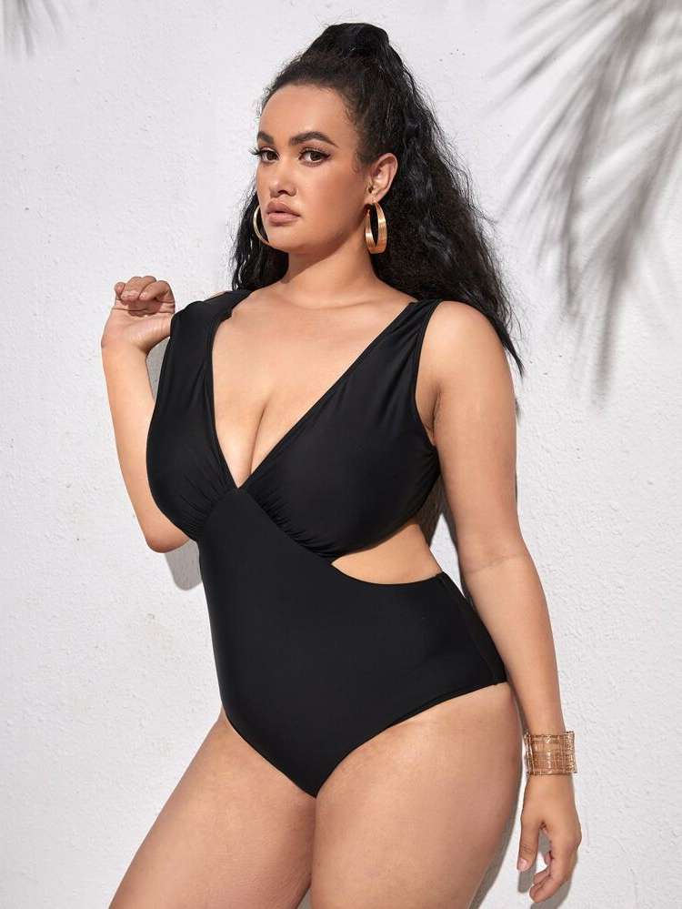  Plain Plunge Neck Plus Size Beachwear 7593