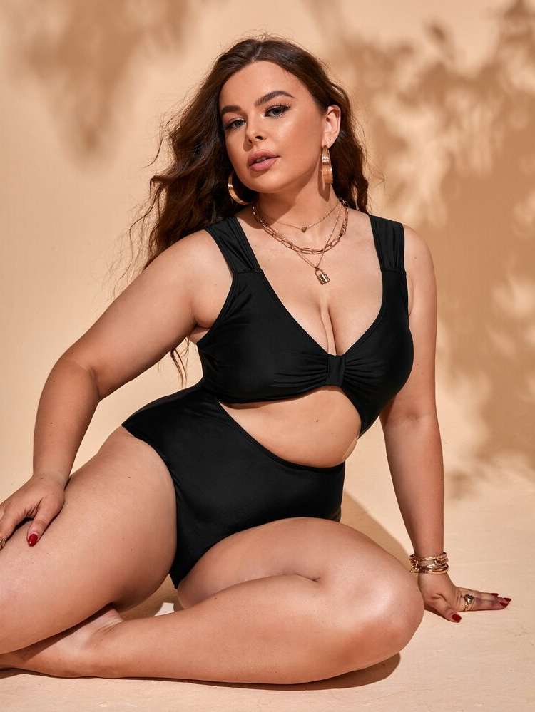 Black  Plus Size One-Pieces 8559