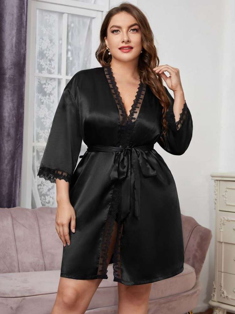  Belted Three Quarter Length Sleeve Plus Size Robes  Robe Sets 1170