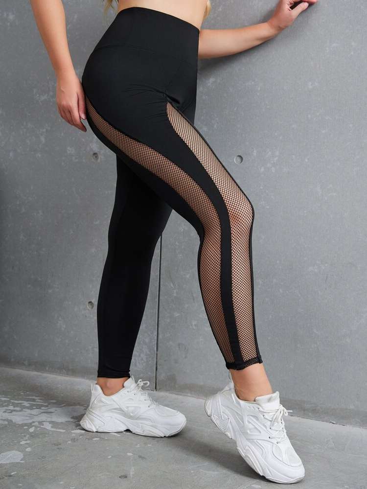 Contrast Mesh Black  Plus Size Sports Leggings  Pants 516