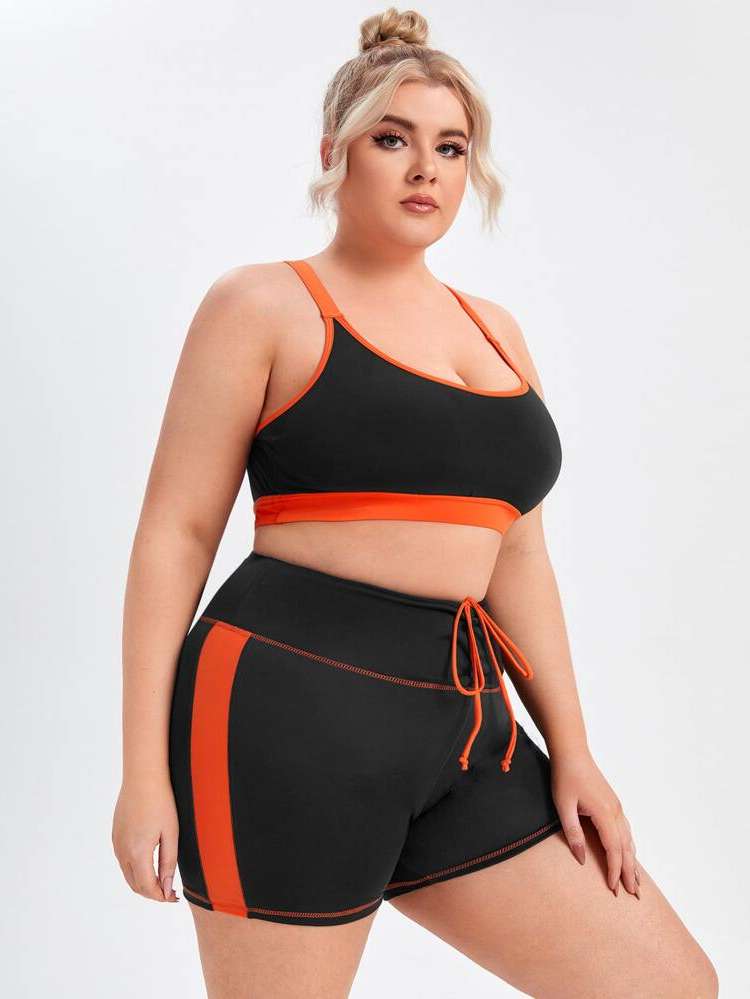  Black Colorblock Women Plus Activewear 5347