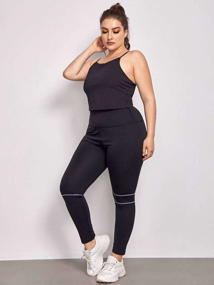  Striped Black Spaghetti Strap Plus Size Sports Sets 9161