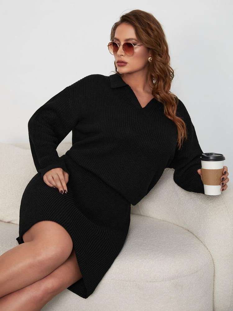 Casual  Black Plus Size Knitwear 2491