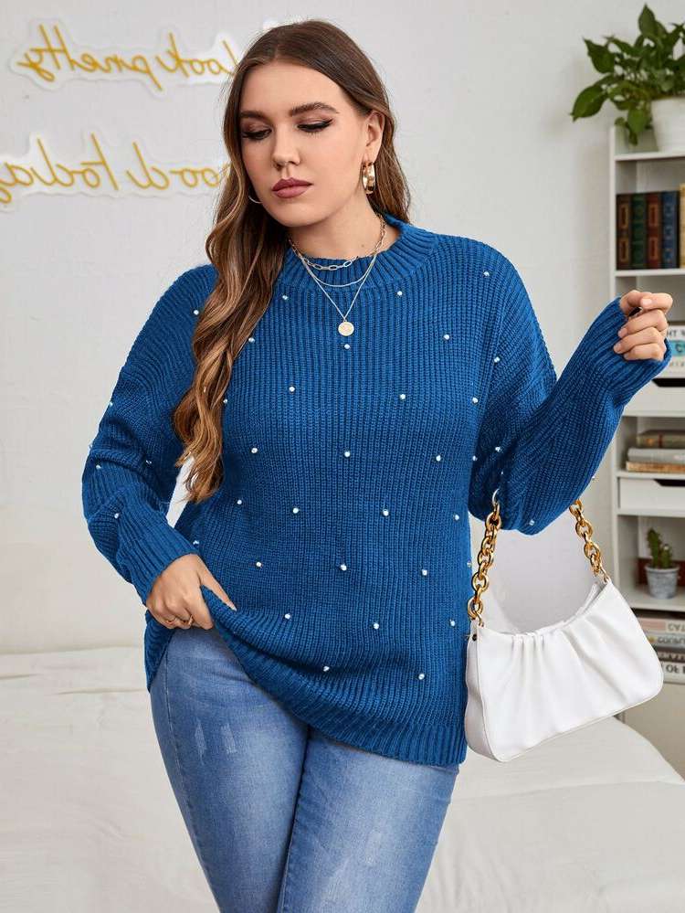 Long Sleeve Plain Casual Stand Collar Plus Size Knitwear 7317